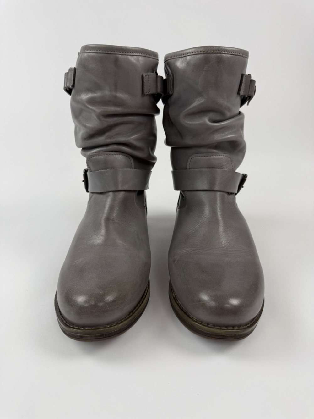 Eric Michael Gray Leather Ankle Boots Slouchy Buckle Strap Womens EU 42 US 11